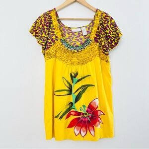 [Soft Surroundings] Mixed Print Beaded Neck + Appliqué Floral Flutter Sleeve